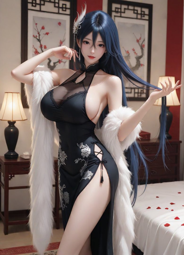 A photorealistic AI-generated image of a woman with long blue hair wearing a black cheongsam with a white fur stole, posing indoors.