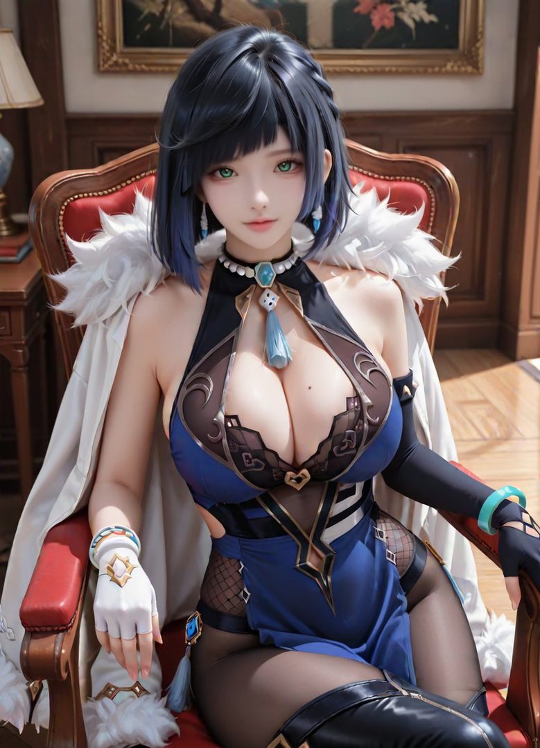 A photorealistic AI-generated image of a woman cosplaying as Yelan from Genshin Impact, wearing a blue and black outfit with a white fur-trimmed cape, sitting in a red armchair.