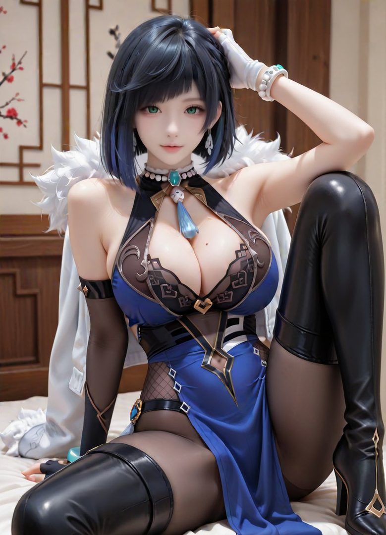 A photorealistic AI-generated image of a woman cosplaying as Yelan, wearing a blue and black dress with thigh-high boots, sitting indoors.