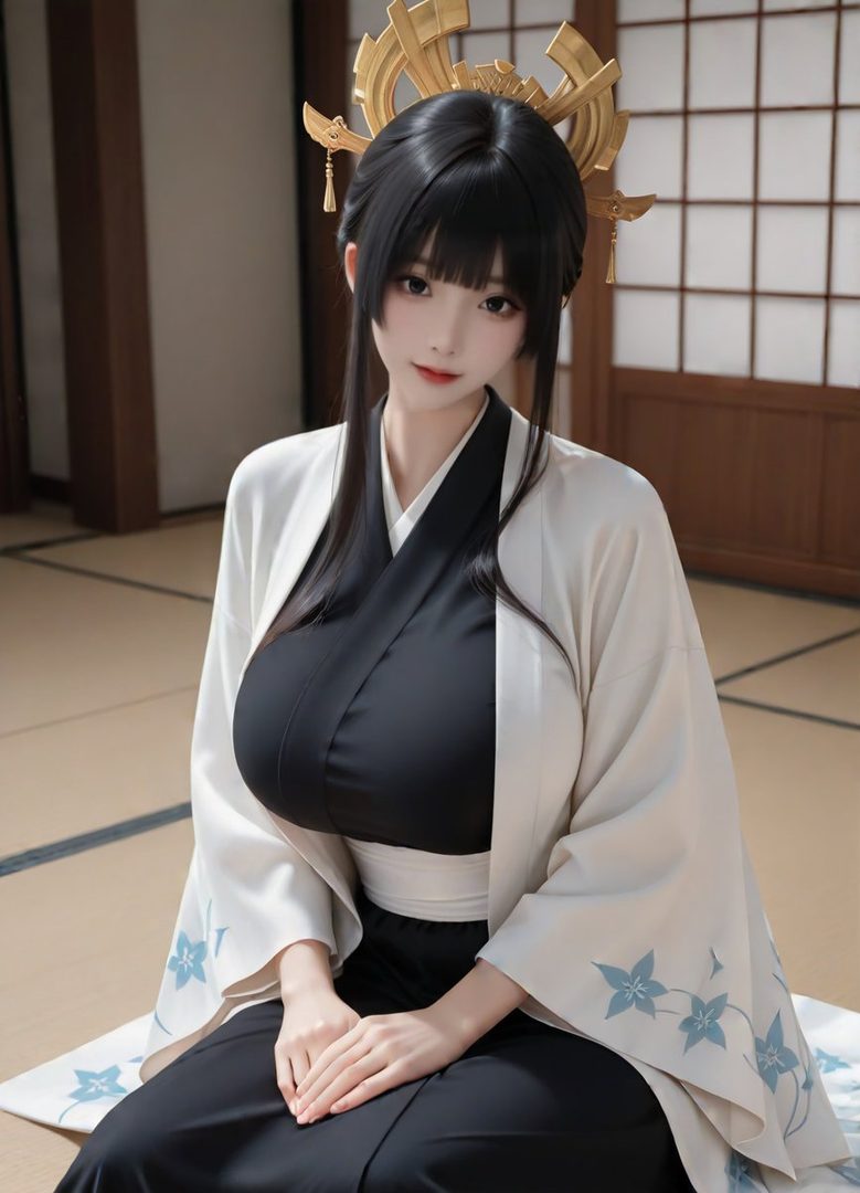 A photorealistic AI-generated portrait of a woman with long black hair and bangs, wearing a traditional Japanese kimono with a white outer layer and black inner layer, adorned with a golden hair ornament, sitting indoors.