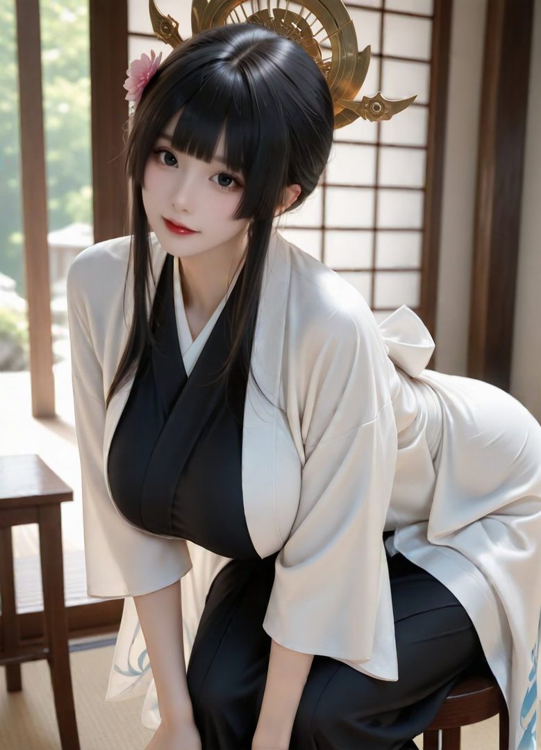 A photorealistic AI-generated image of a woman with black hair wearing a traditional Japanese kimono, posing indoors.