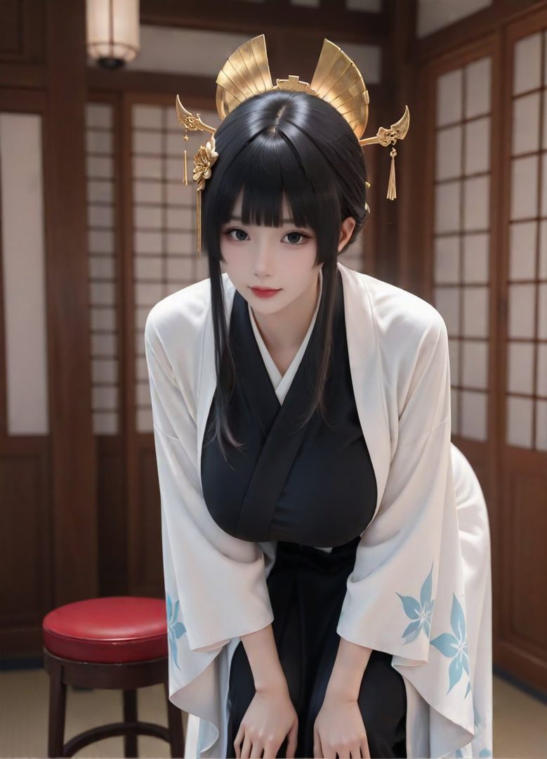 A woman with black hair and bangs, wearing a white and black kimono with gold hair ornaments, bows indoors.