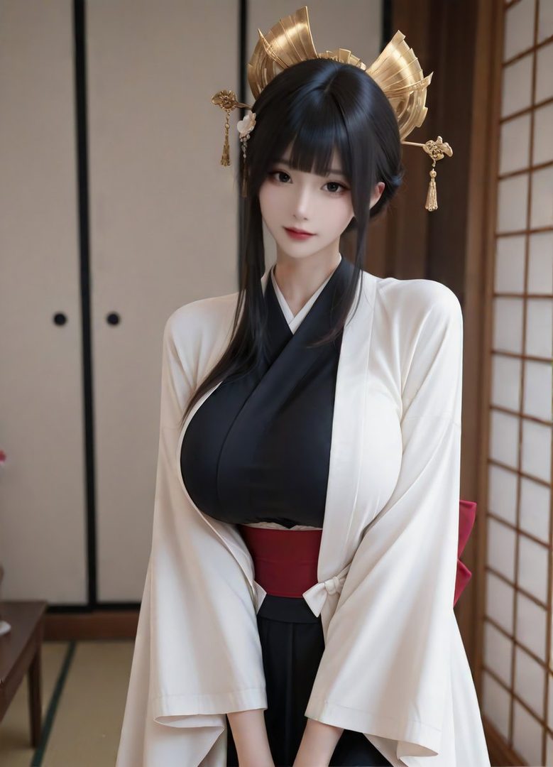 A photorealistic AI-generated portrait of a woman with long black hair and bangs, wearing a white and black kimono with a red obi, adorned with golden hair ornaments, posing indoors.