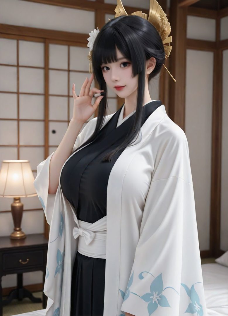 A photorealistic AI-generated portrait of a woman with black hair and bangs, wearing a white kimono with blue floral patterns, posing indoors.