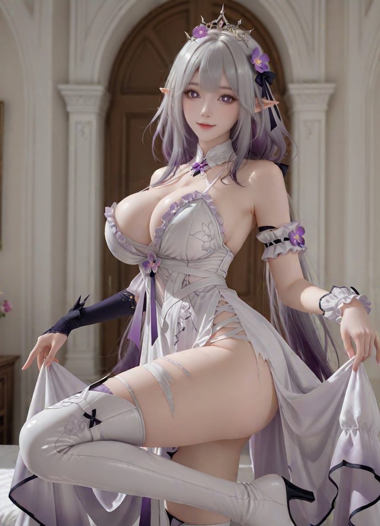 A photorealistic AI-generated image of a woman with long silver hair and elf ears, wearing a revealing white and purple dress, posing indoors.