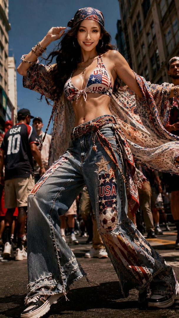 A woman in a USA-themed bikini top, ripped jeans, and a patterned kimono-style top poses on a city street.