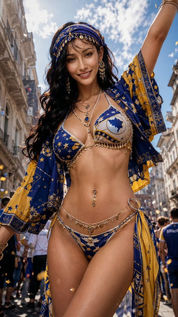 A woman in a blue and yellow patterned bikini and matching headscarf smiles and poses on a street during a parade, with confetti falling around her.
