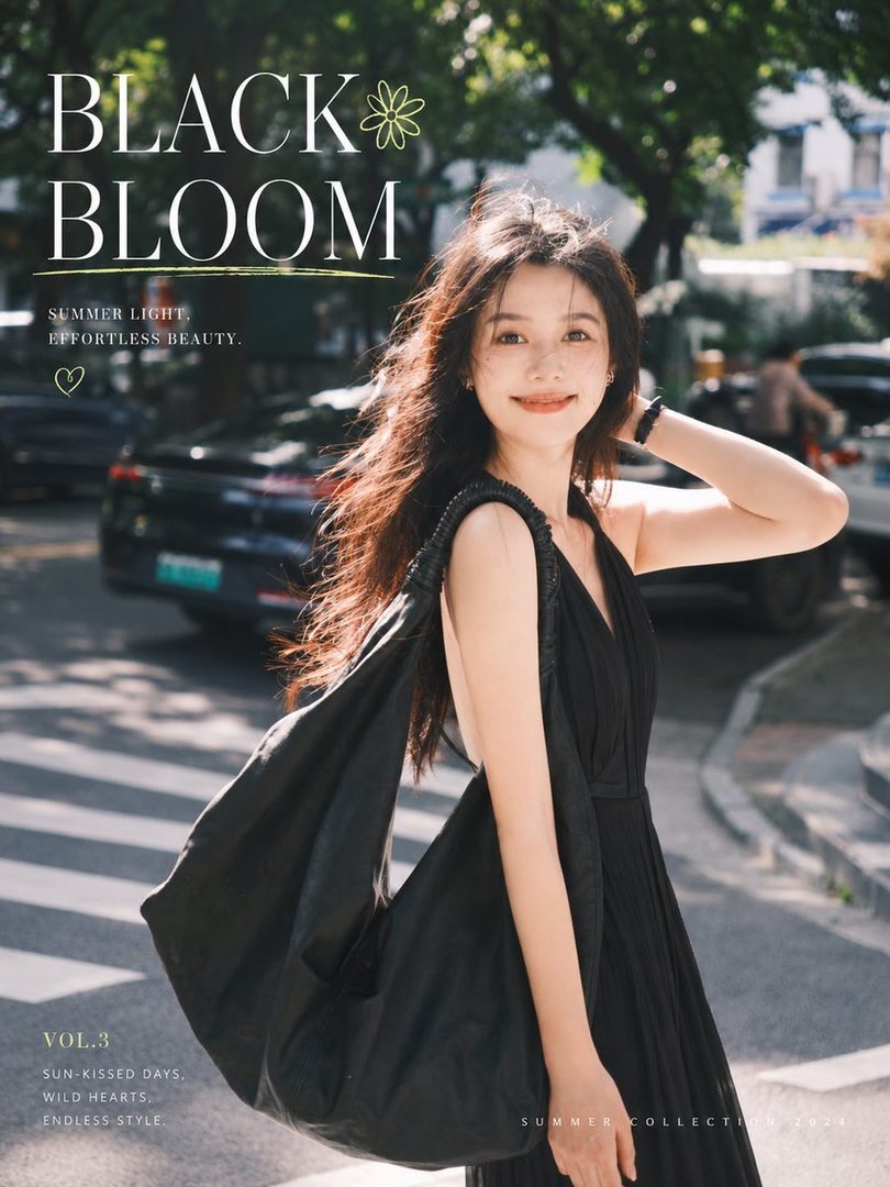 A young woman with long brown hair and a black dress smiles while walking on a city street.