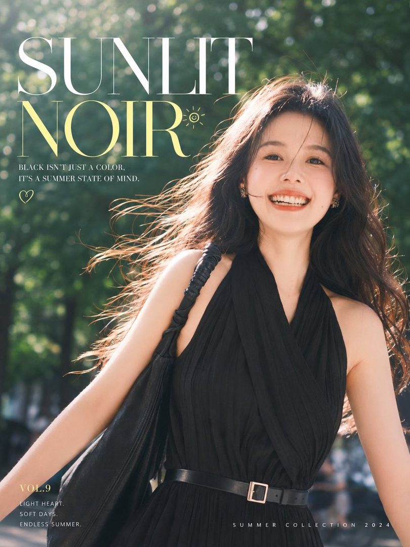 A smiling woman with long dark hair wears a black dress and belt, with text overlaying the image.