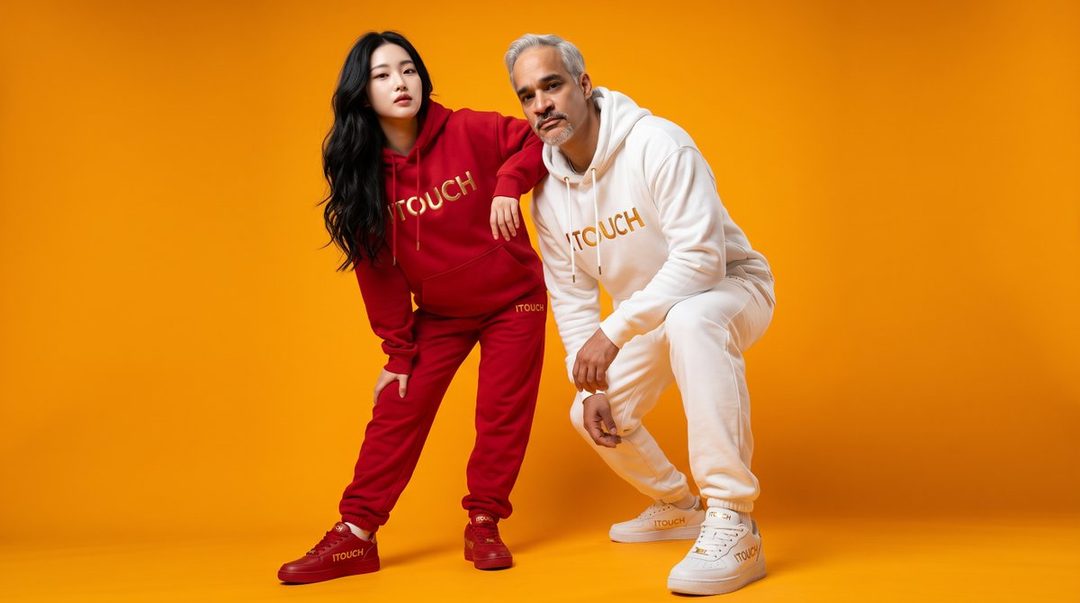 Two models, a woman with long black hair and a man with short white hair, pose in matching red and white hoodies and sweatpants with 'ITOUCH' branding against an orange background.