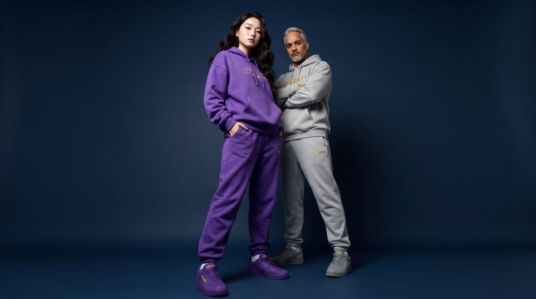 A man and a woman pose in a studio wearing matching purple and grey hoodies and sweatpants.