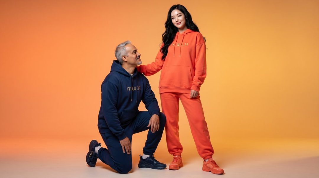 A man and a woman pose in a studio wearing matching hoodies and sweatpants, with the woman in orange and the man in blue.