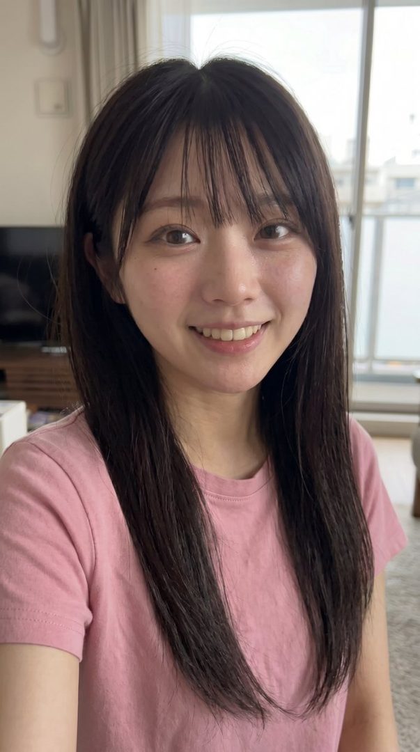 A young Japanese woman with long black hair and bangs smiles brightly in a selfie, wearing a pink t-shirt indoors.