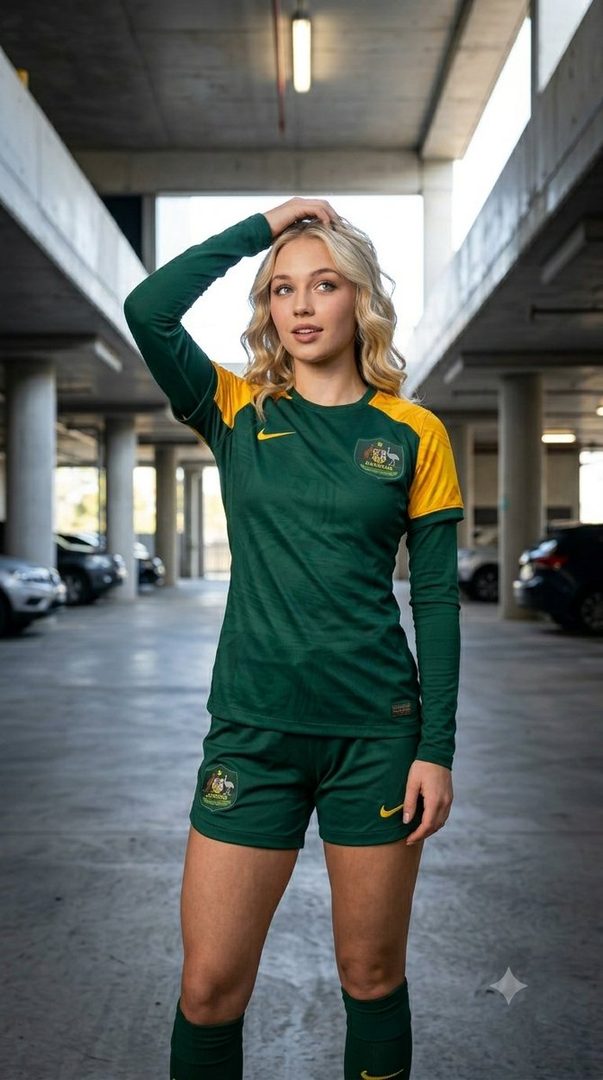A blonde woman in an Australian soccer jersey and shorts poses in a parking garage.