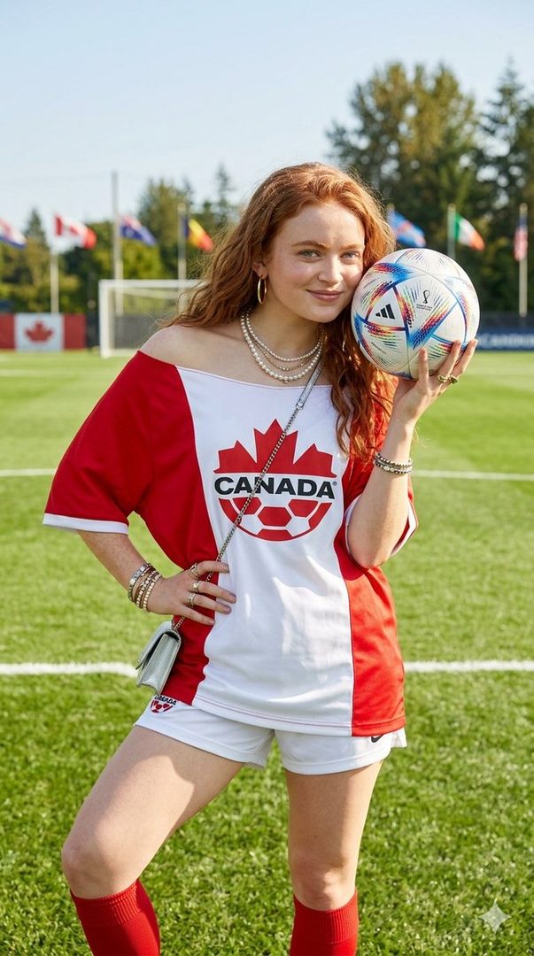 A young woman with red hair wearing a Canada soccer jersey and white shorts poses on a soccer field with a World Cup ball.