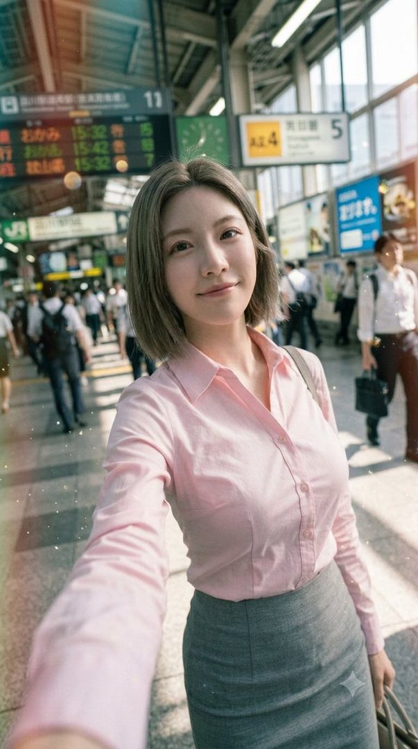 A young woman with short blonde hair takes a selfie at a train station, wearing a pink blouse and a grey skirt.