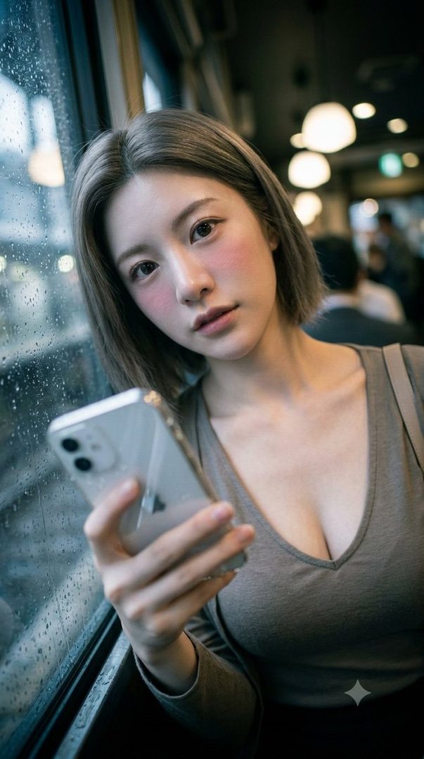 A photorealistic portrait of a young woman with short blonde hair, wearing a casual top, looking at the camera while holding a smartphone on a rainy train.
