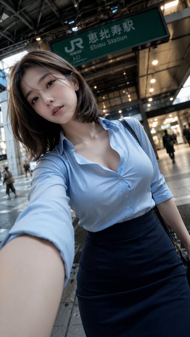A young woman takes a selfie on a street in front of Ebisu Station, wearing a light blue blouse and a dark skirt.