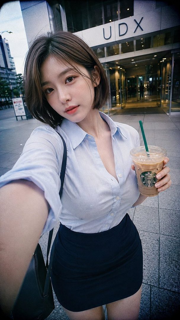 A photorealistic selfie of a woman with short brown hair, wearing a light blue blouse and a dark skirt, holding a Starbucks iced coffee on a city street.