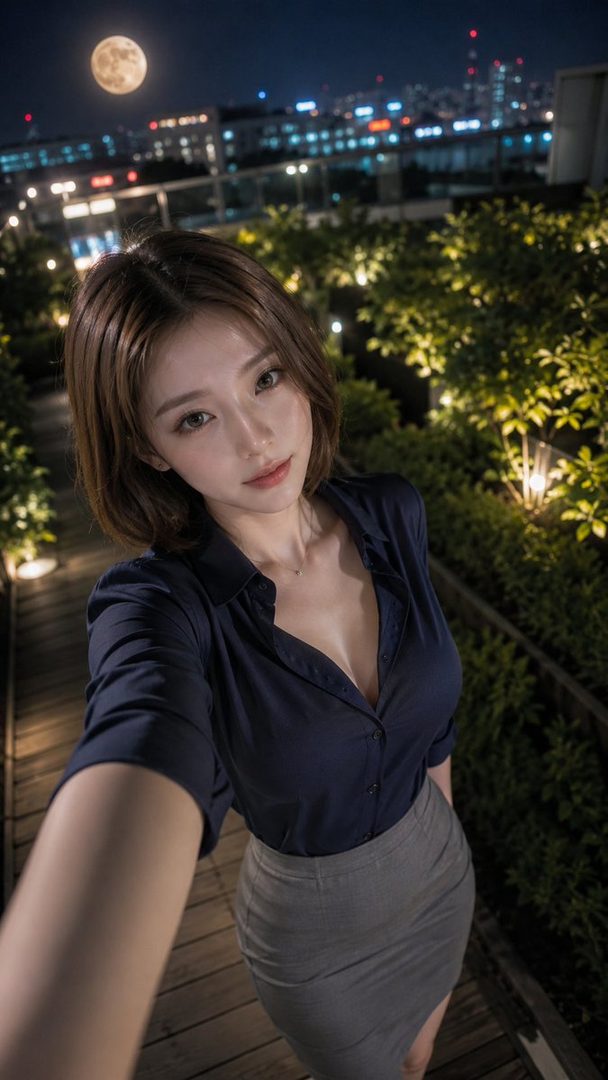 A woman with short brown hair takes a selfie on a rooftop at night, wearing a dark blue blouse and a grey skirt, with a full moon visible in the sky.