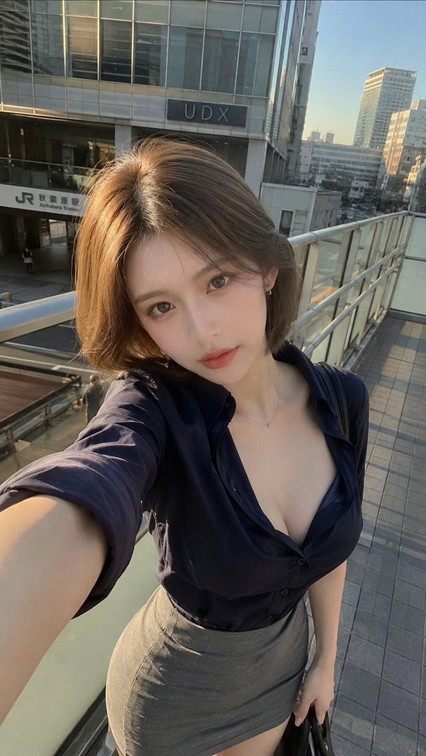 A woman with short brown hair takes a selfie outdoors in a city, wearing a dark blouse and a grey skirt, with buildings in the background during golden hour.