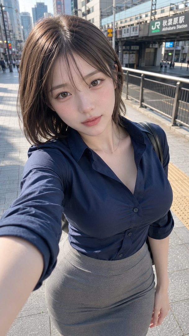 A photorealistic selfie of a young woman with short brown hair, wearing a blue blouse and a grey skirt, standing on a city street with buildings in the background.
