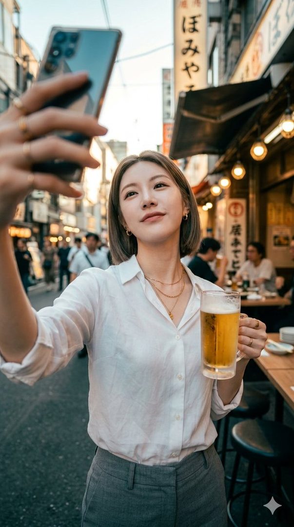 A young woman with short blonde hair takes a selfie on a bustling street, holding a glass of beer.