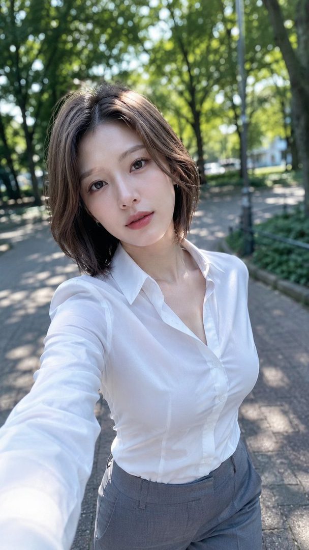 A photorealistic selfie of a young East Asian woman with short brown hair, wearing a white blouse and grey pants, standing outdoors with green trees in the background.