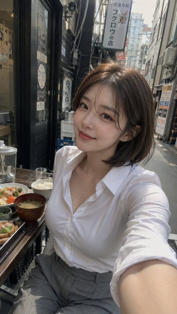A young woman with short brown hair takes a selfie while dining outdoors at a street cafe, wearing a white blouse and grey pants.