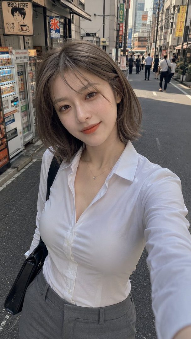 A young woman with short brown hair takes a selfie on a city street, wearing a white blouse and grey pants.