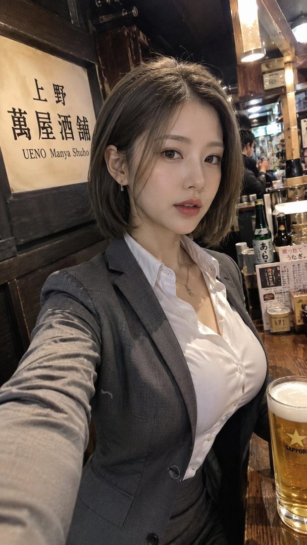 A photorealistic portrait of a woman with short brown hair wearing a suit and white shirt, holding a glass of beer in an indoor setting.