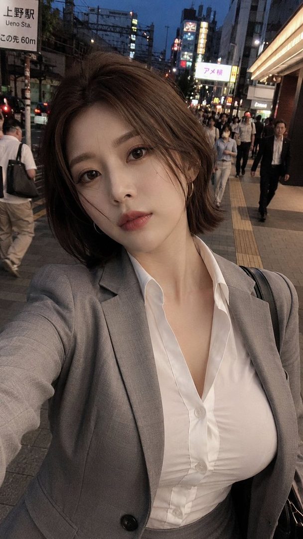 A photorealistic selfie of a woman with short brown hair wearing a grey suit and white shirt, standing on a city street at night.