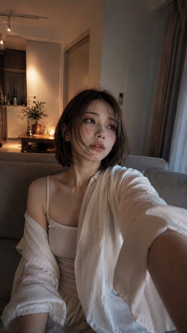 A young woman with short brown hair and a white top sits indoors, looking thoughtfully to the side in soft lighting.