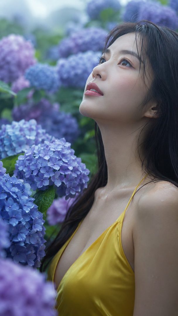 A beautiful woman with long black hair in a yellow dress looks up dreamily amidst purple and blue hydrangeas, with water droplets on the flowers.