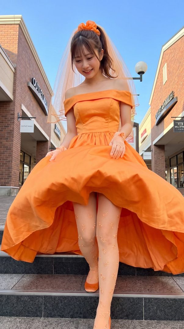 A young woman in an orange off-shoulder dress and veil smiles while standing on steps outdoors.