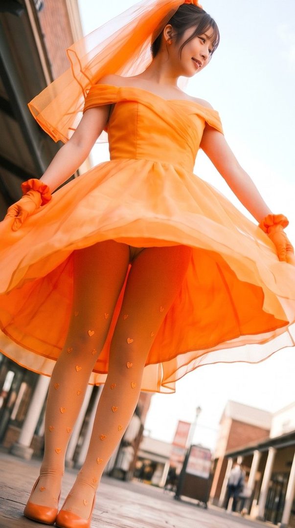 A young woman in a vibrant orange off-the-shoulder dress and heart-patterned tights poses outdoors, with her dress slightly lifted.
