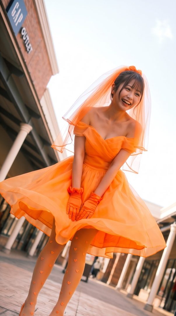 A smiling woman in an orange dress and veil poses outdoors at an outlet mall.