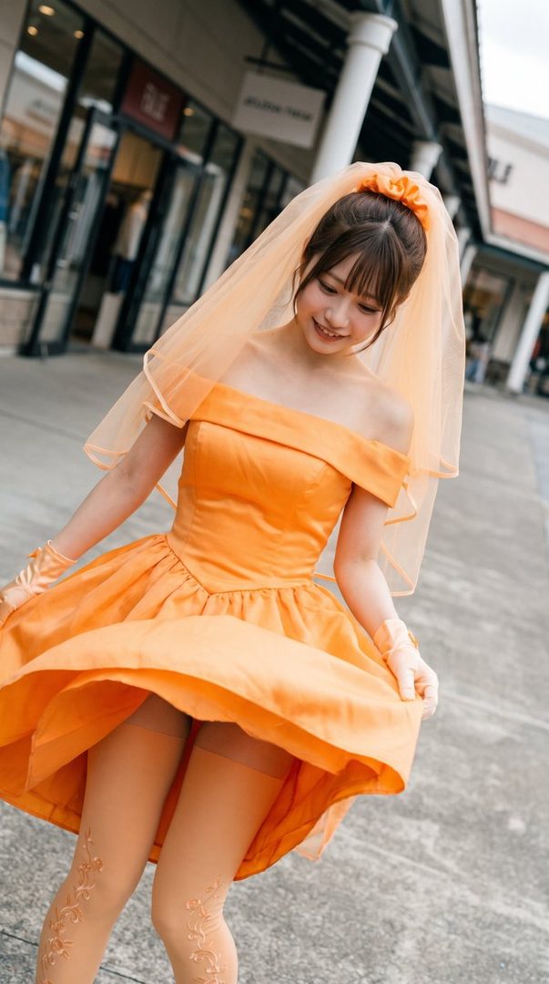 A young woman in an orange off-shoulder dress and veil smiles while holding up her skirt, revealing patterned stockings.