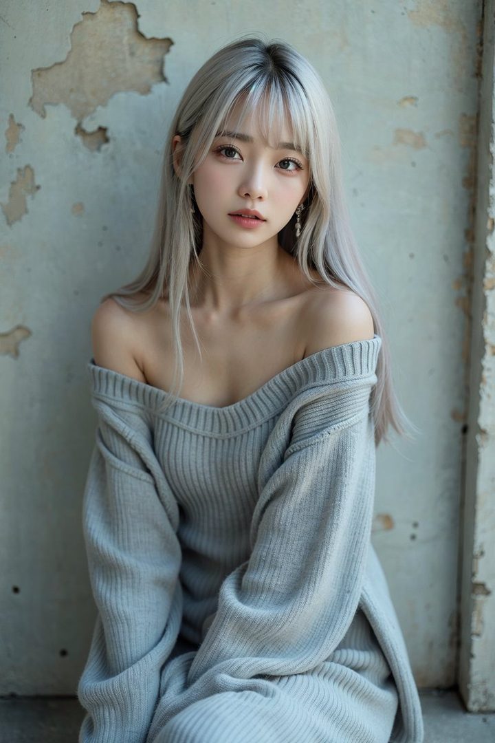 A photorealistic portrait of a woman with long silver hair and bangs, wearing an off-shoulder knit sweater, posing indoors against a textured wall.