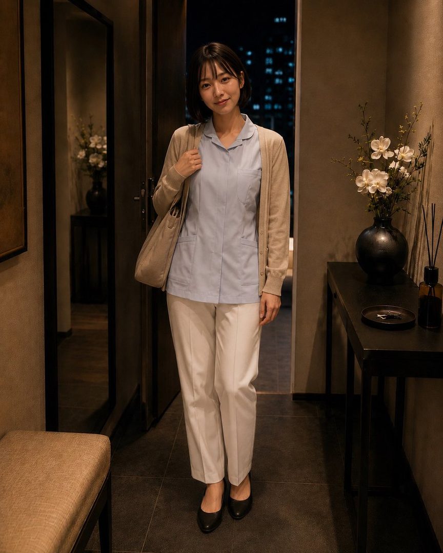 A young Japanese woman dressed as a nurse, wearing a light blue scrub top, white pants, and a beige cardigan, stands in a dimly lit indoor hallway.