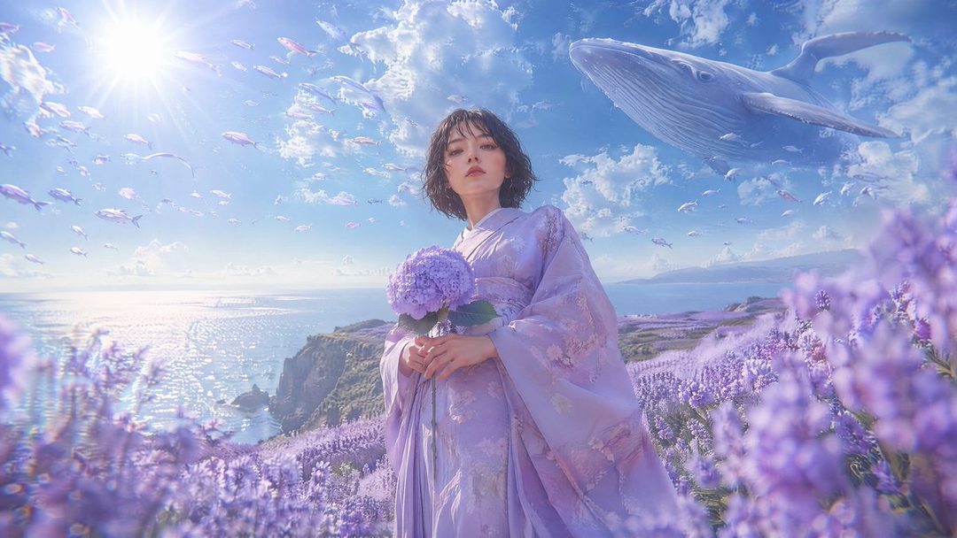 A woman in a purple kimono stands in a field of lavender with a giant whale and fish floating in the sky above the ocean.