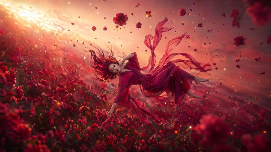 A woman with long red hair and a flowing red dress floats above a field of red flowers under a golden sky.