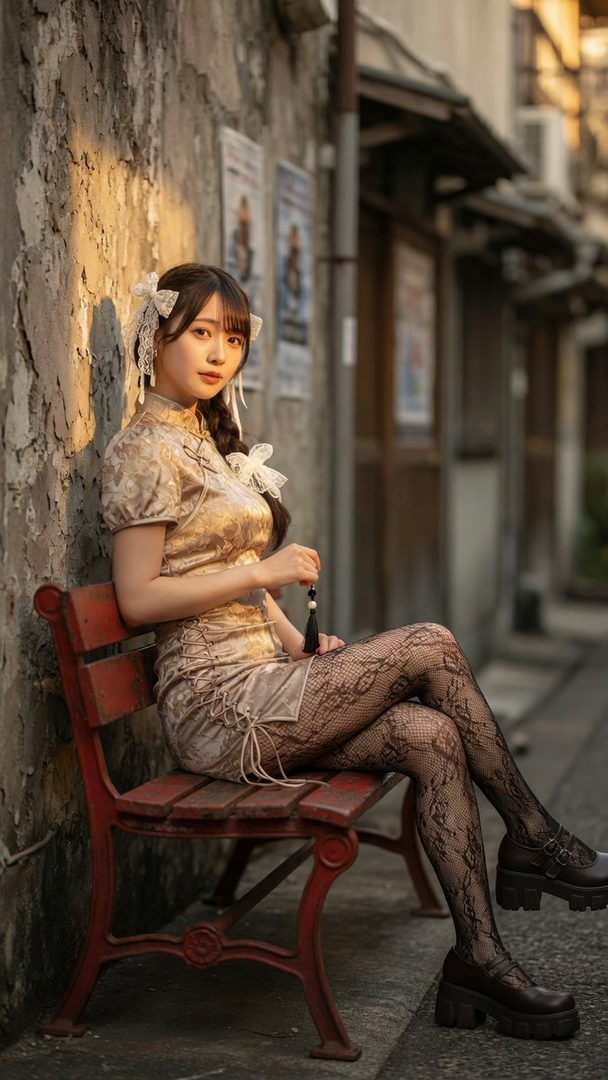A photorealistic portrait of a young woman with brown braided hair, wearing a beige cheongsam dress and patterned fishnet tights, sitting on a red bench in a narrow alley during golden hour.