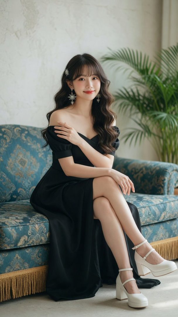 A beautiful East Asian woman with long wavy brown hair and a black off-shoulder dress sits gracefully on a vintage sofa.