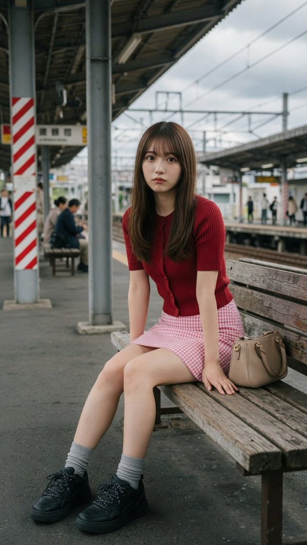 A young Japanese woman with long brown hair and bangs sits on a wooden bench at a train station platform, wearing a red knit top and a pink checkered mini skirt.