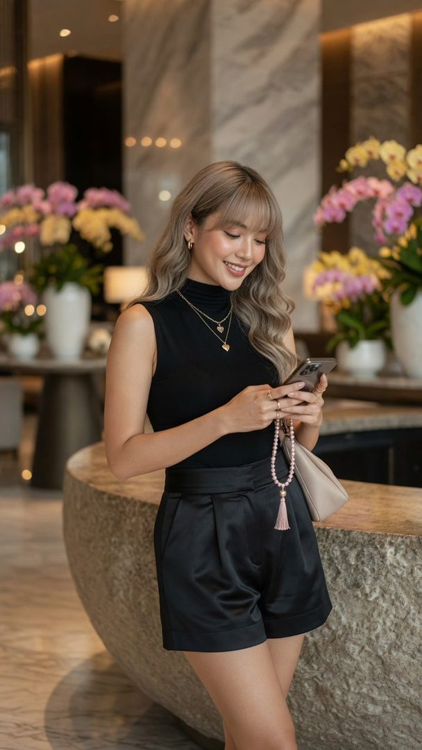 A young woman with blonde hair and bangs, wearing a black sleeveless top and shorts, smiles while looking at her phone in a luxurious indoor setting with orchids.