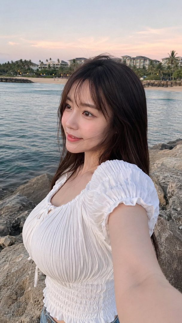A young woman with long dark hair and a white top takes a selfie by the sea at golden hour.