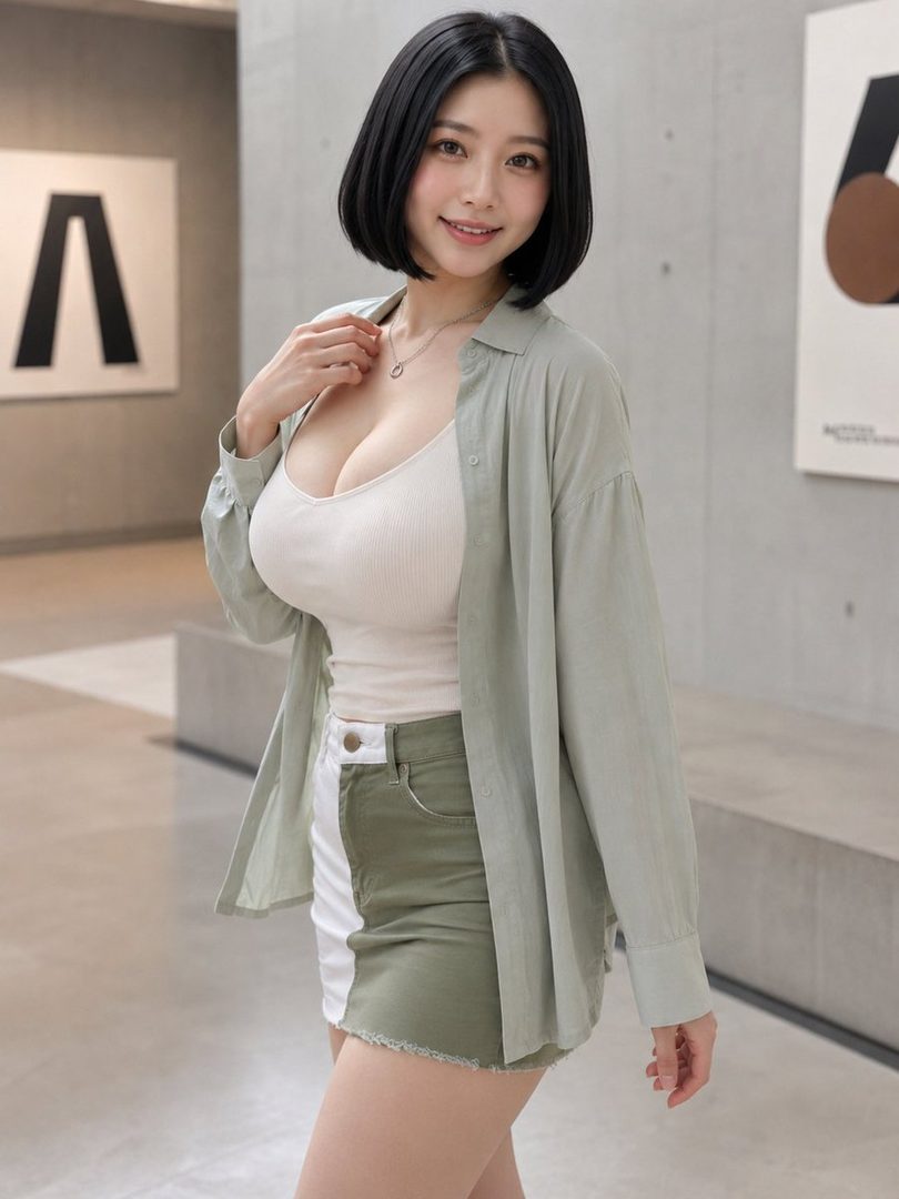 A smiling woman with short black hair wears a white tank top, an open light green shirt, and two-tone shorts in an indoor setting.
