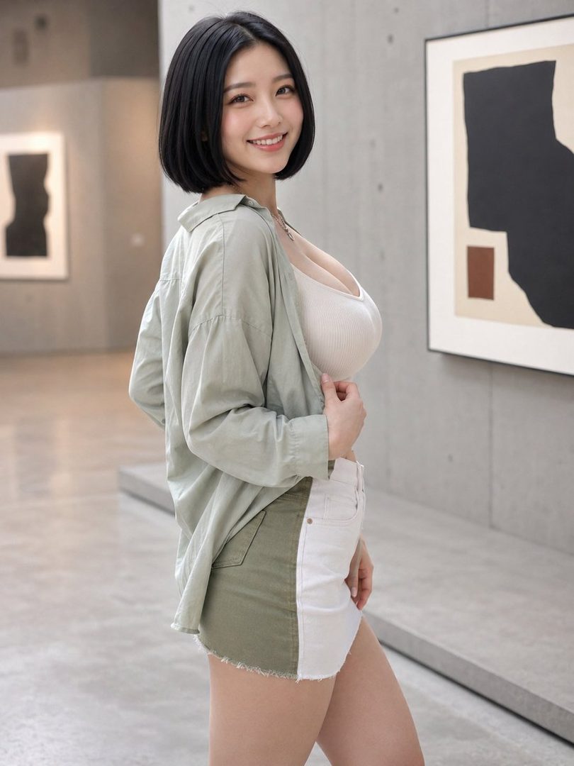 A smiling woman with short black hair and a bob cut wears a light green shirt over a white top and two-tone shorts, posing in an indoor gallery setting.