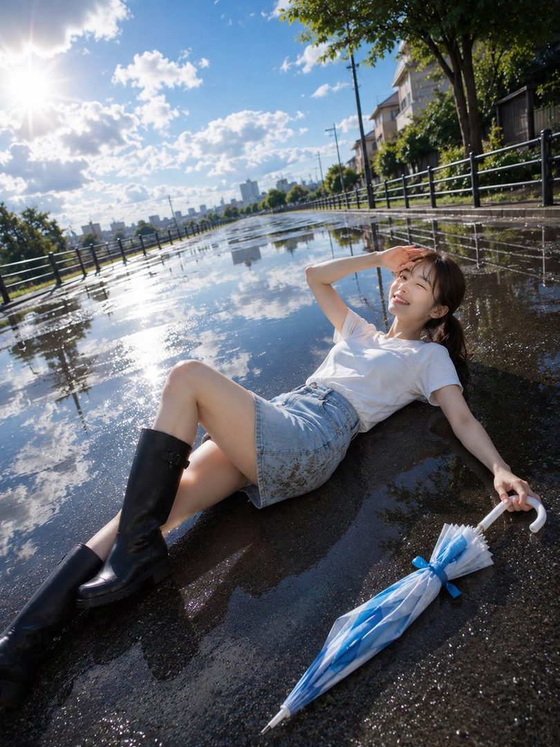 A young woman in a white t-shirt and denim skirt lies on a wet street with an umbrella, shielding her eyes from the bright sun.